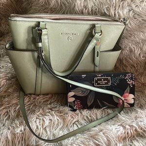 Michael Kors sage Green crossbody with matching Kate spade wallet EUC
